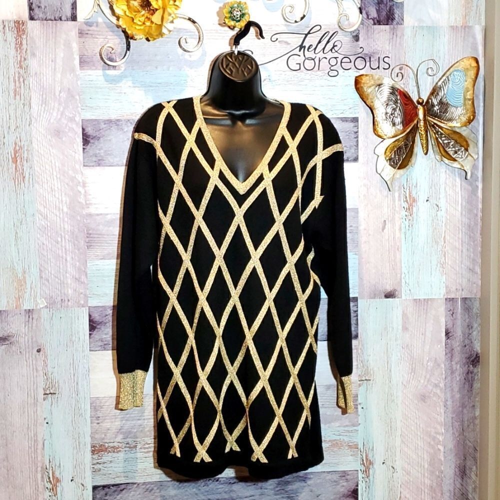 Vintage Gorgeous Black Gold Metallic VNeck Sweater, Suzelle, Sz M